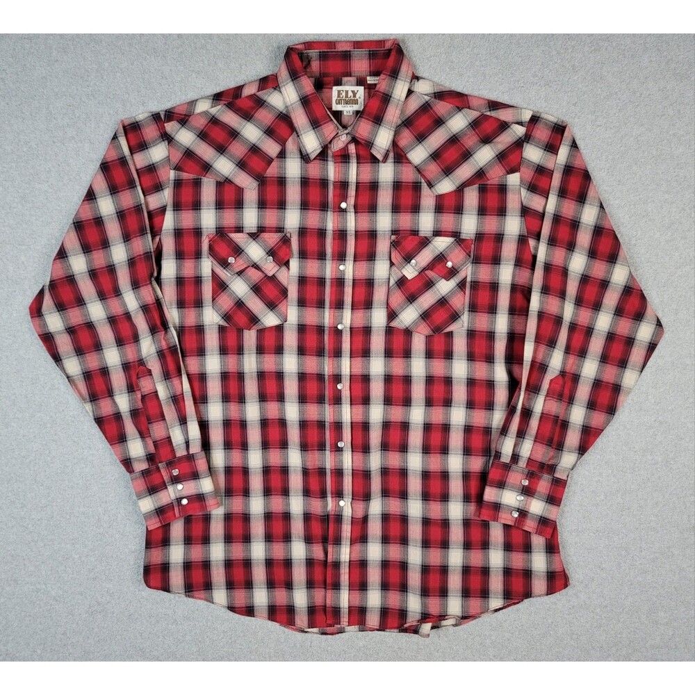 VTG Ely Cattleman Shirt Red Plaid Yoke Pearl Snap Sawtooth Pocket Western Sz XL